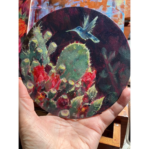 Artettina Other - Original Hummingbird & Cactus painting Art Round desert blooming prickly pear